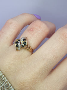 4651: Vintage, Abstract 9ct Gold Blue Sapphires Brilliant Cut Diamonds Ring- striking design