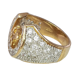 6009:Vintage 9ct Gold Simulated Diamonds Lucky  Horseshoe Statement Ring - Huge